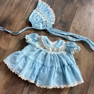 Vintage Bryan Baby Girl Blue Dress & Bonnet Set White Lace Embroidery Polka Dots